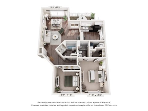 Floor plan for 2 beds, 2 baths, 1000 sqft
